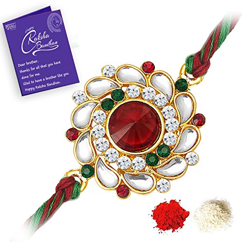 Sukkhi Elegant Kundan Rakhi With Roli Chawal And Raksha Bandhan Greeting Card For Men (Rak73480)