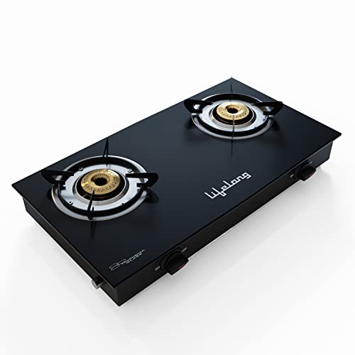 Lifelong Llgs10 Glass Top, 2 Burner Manual Glass Gas Stove, Black (Isi Certified)