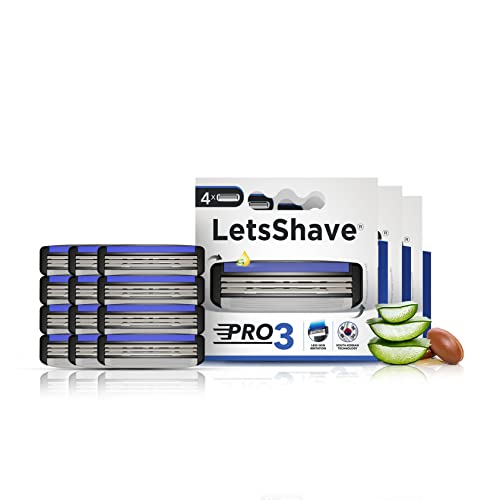 Letsshave Pro 3 Shaving Razor Blade For Men | Made In South Korea | Lubricating Strip With Aloe Vera & Vitamin E |4 Blade Full Body Razor | Rubber Guard & Open Flow Architecture – Pack Of 12 Blade Refills