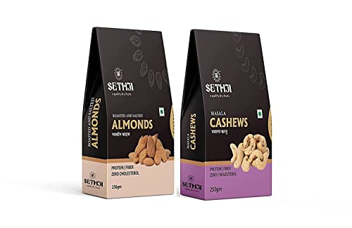 Sethji Roasted Nuts And Dry Fruits Combo Pack Of Black Pepper Masala Roasted Cashews, Salted Almonds- 250 Grams Each | Roasted Dry Fruits In Fresh Items | Dry Fruits Gift Pack Of 2 – 500G(250G Each)