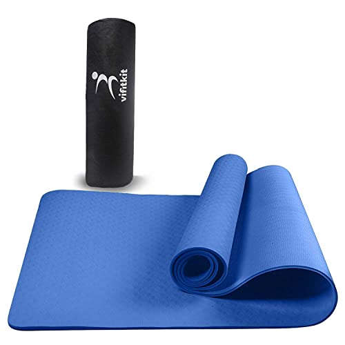 Vifitkit Anti-Skid Yoga Mat With Carry Bag For Home Gym & Outdoor Workout, Water-Resistant, Soft, Easy To Fold (Blue, 4Mm)