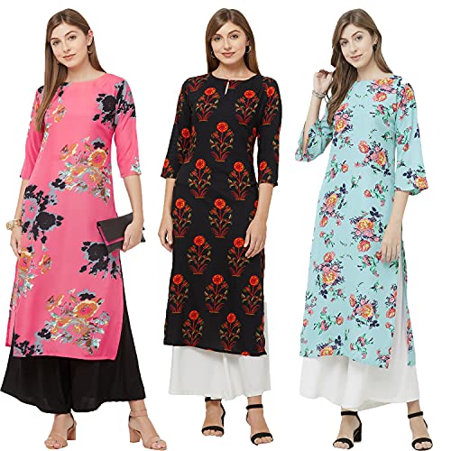 Gosriki Women’S Crepe Kurta (Three-Combo-51-Sty_Pink & Black & Blue_Small)