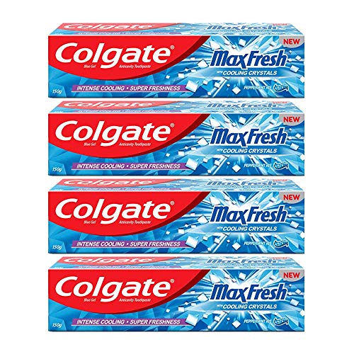 Colgate Maxfresh 600G (150G X 4, Pack Of 4) Breath Freshener Toothpaste, , Peppermint Ice, Blue Gel Paste With Menthol, Cooling Crystals For Bad Breath Control