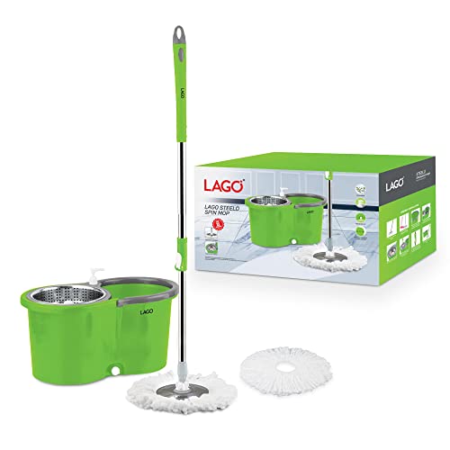 Lago Mop (Spin, Steelo 2 Pads) With Steel Wringer, 1 Unit Stainless Steel Telescopic Rod, 1 Round Stainless Steel Mop Head, 2 Round Microfibre Pads, 1 Soap Dispenser Bottle, 4 Wheel Inbuilt System.